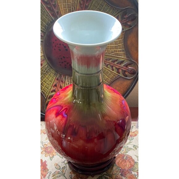Vase, XL, 16”T, Yabian Chinese Flambé Drip Glaze, Red,Purple,Green,VTG*Rare* - Picture 7 of 16